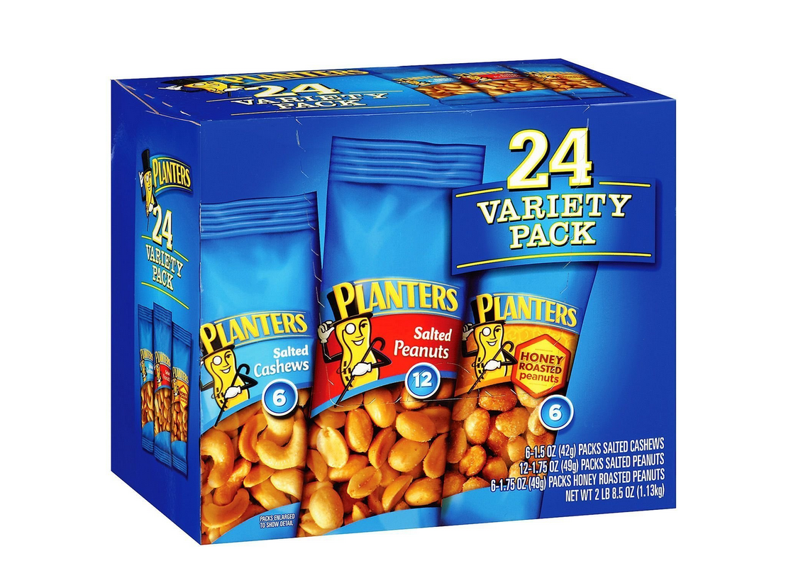 Planters: Salted Cashews, Salted Peanuts, & Honey Roasted Peanuts(24 Variety Pack) 