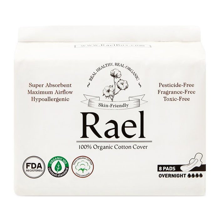 Rael Organic Cotton Feminine Pads, Overnight(8ct)