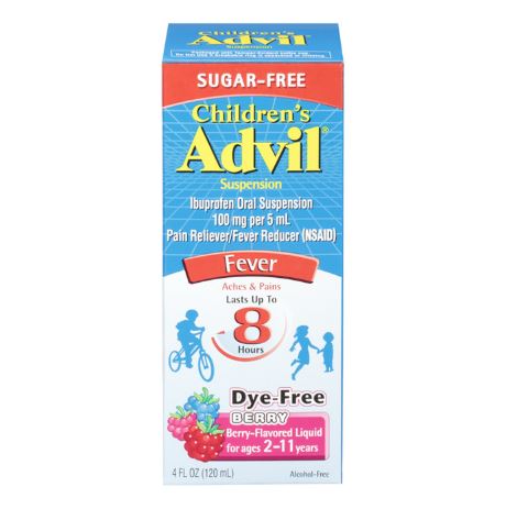 Children's Advil Sugarfree Liquid Suspension Fever Reducer/Pain Reliever (Ibuprofen) in Dye-Free Berry Flavor 100mg, 4oz/120ml